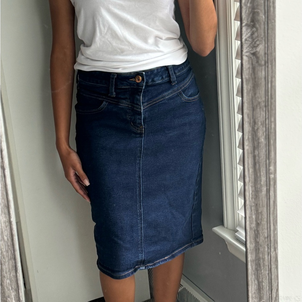 Knee length dark denim skirt
